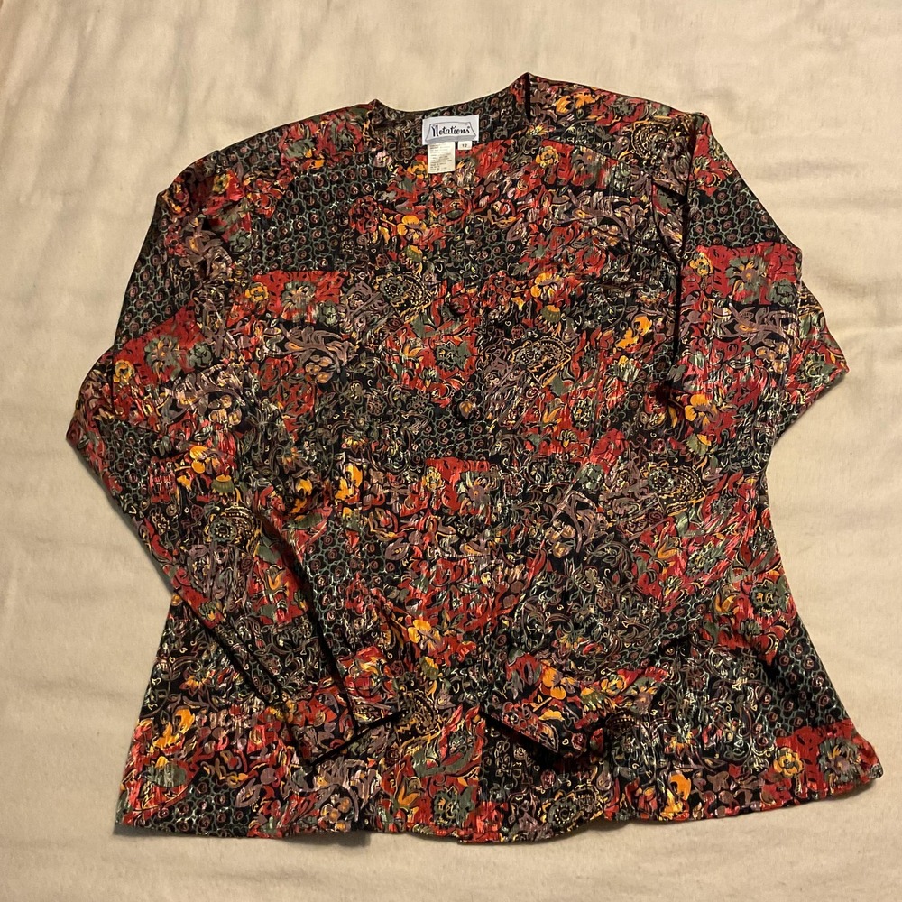 Vintage Notations Blouse Womens 12 Multicolor Floral Patchwork Top Polyester 90s
